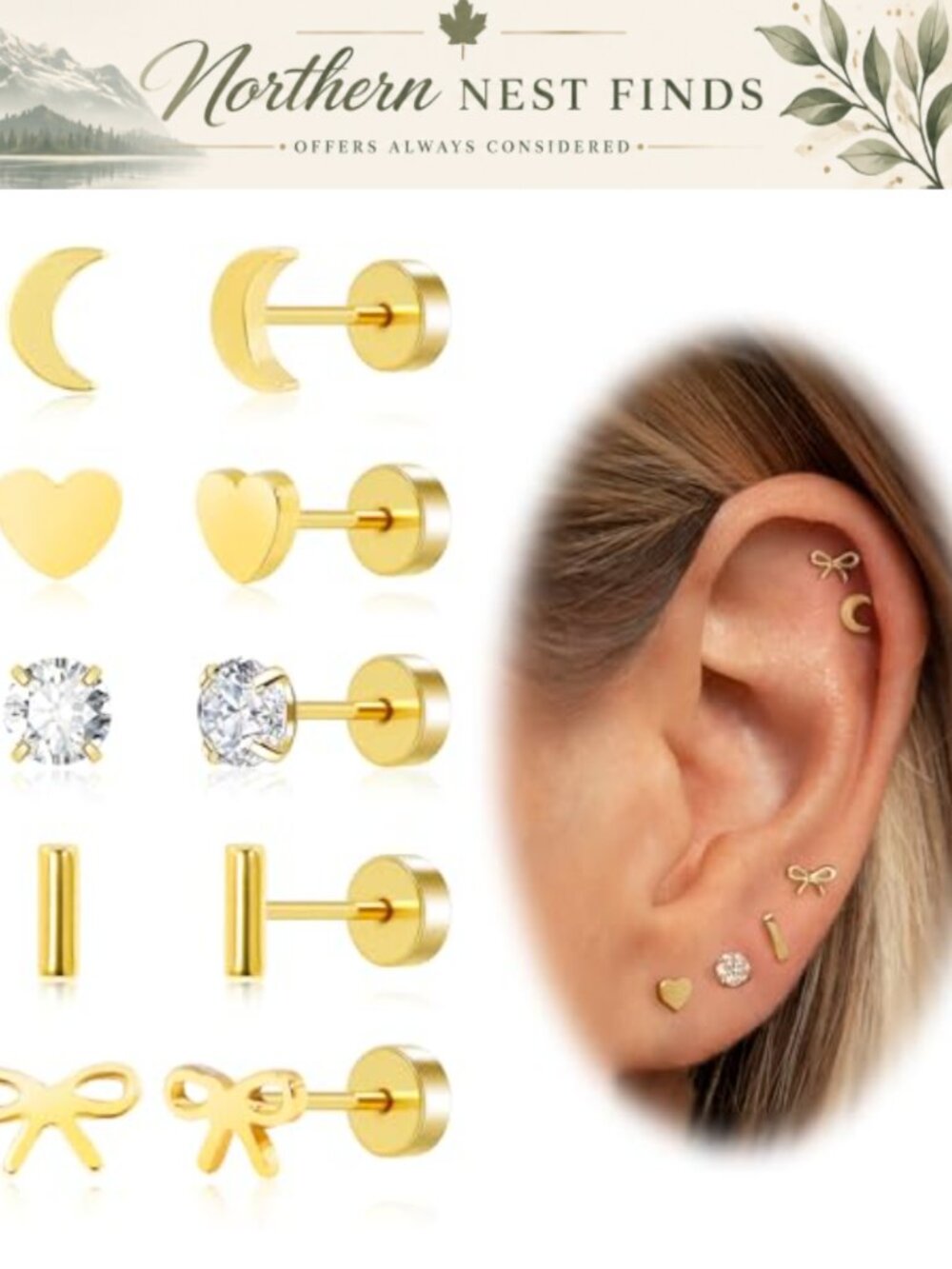 14K Gold Plated Screw Back Stud Earrings Hypoallergenic Surgical Steel CZ Set
